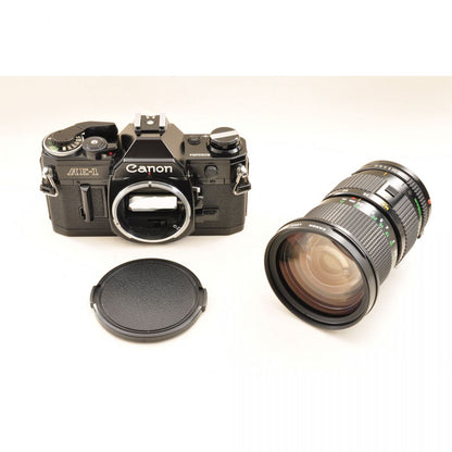 【中古】Canon AE-1 ブラック 一眼レフ フィルムカメラ New FD 35-105mm f3.5 マクロ ズームレンズ セット キヤノン S/N:5092284