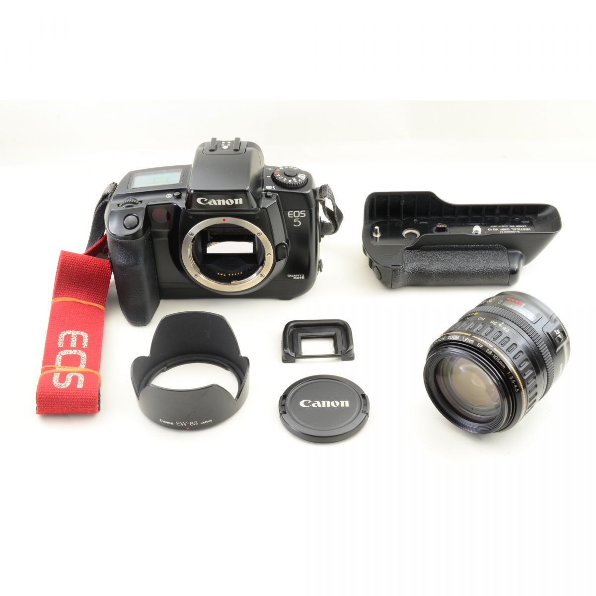 【中古】Canon EOS 5 QD 35mm フィルムカメラ + 縦位置グリップ VG10 + EF 28-105mm f/3.5-4.5 USM ズームレンズ キャノン S/N: 1099719